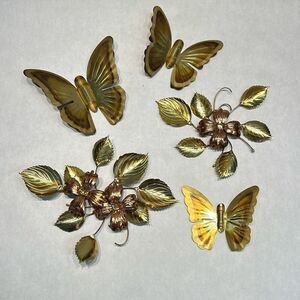 Vtg Copper Brass Metal Flowers Butterfly 5 Pc Set Wall Decor Gold Lightweight